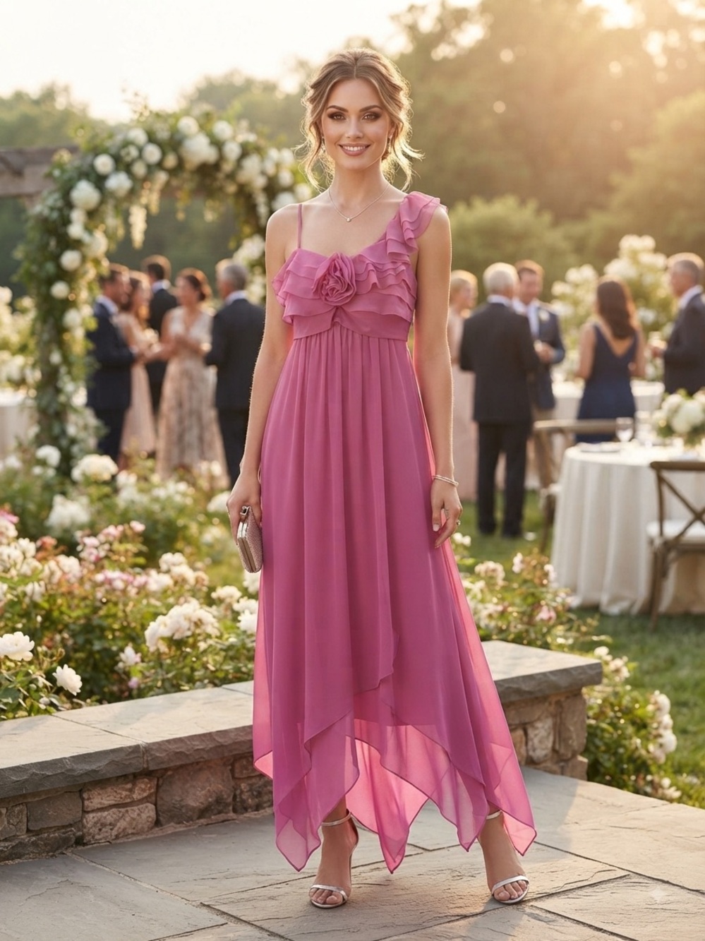 Jill Stuart Rose-Pink One-Shoulder Ruffle Handkerchief Hem Dress